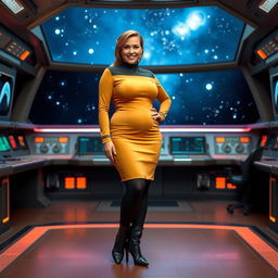 A voluptuous woman wearing a fitted mustard Star Trek tunic styled as a skirt, with black tights and sleek black boots, and a stylish black collar