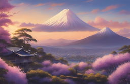 An ultra-detailed, high-definition impressionistic painting of Arakurayama Sengen Park at sunset, in the style of Makoto Shinkai