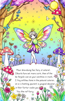 A whimsical fairy coloring page that features an enchanting fairy with iridescent wings, surrounded by a magical forest filled with colorful mushrooms and delicate flowers