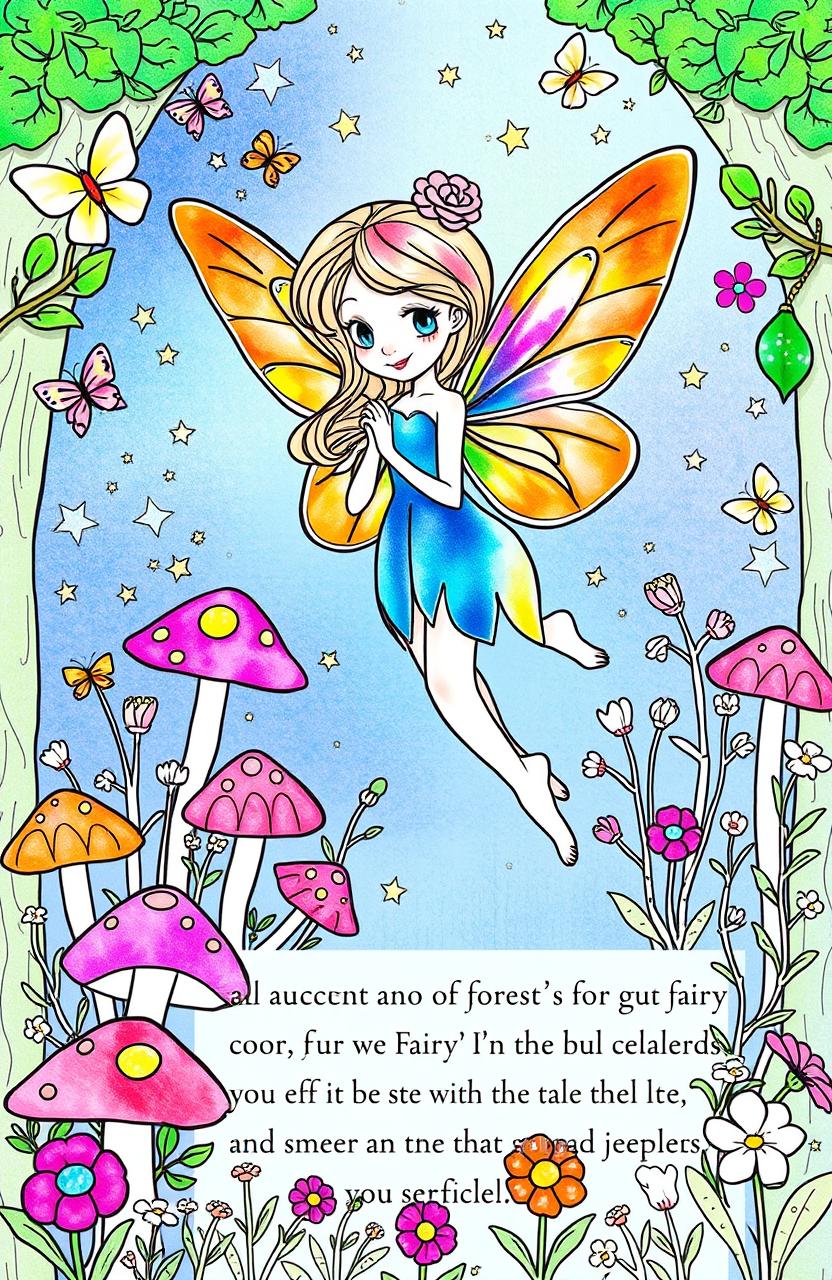 A whimsical fairy coloring page that features an enchanting fairy with iridescent wings, surrounded by a magical forest filled with colorful mushrooms and delicate flowers