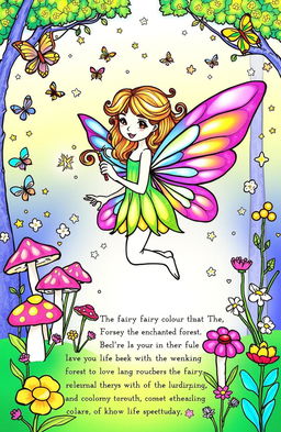 A whimsical fairy coloring page that features an enchanting fairy with iridescent wings, surrounded by a magical forest filled with colorful mushrooms and delicate flowers