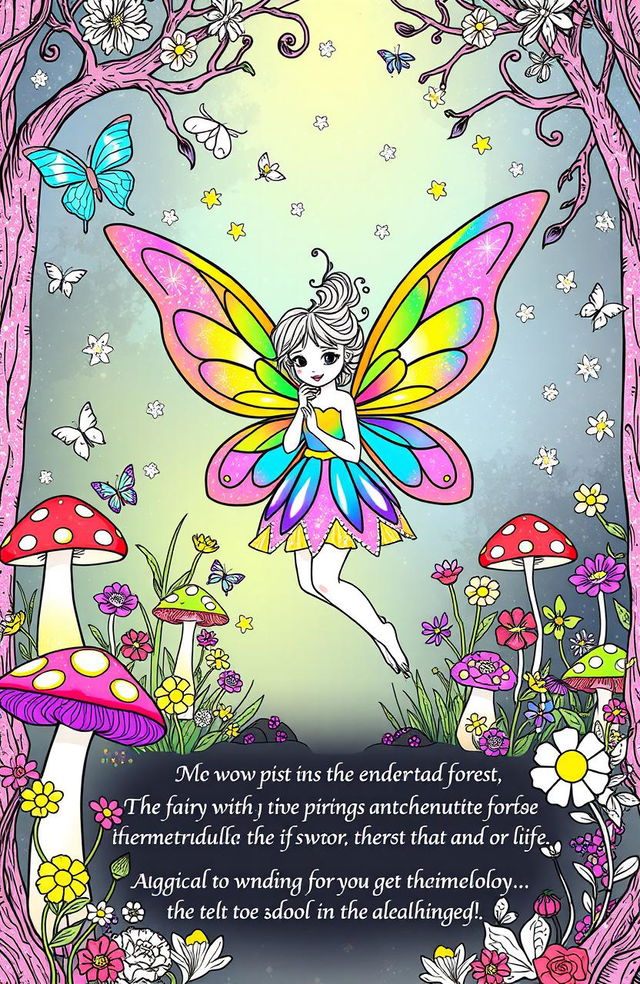 A whimsical fairy coloring page that features an enchanting fairy with iridescent wings, surrounded by a magical forest filled with colorful mushrooms and delicate flowers