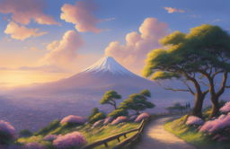 An ultra-detailed, high-definition impressionistic painting of Arakurayama Sengen Park at sunset, in the style of Makoto Shinkai