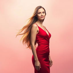 A graceful woman with long, flowing hair wearing a stunning red dress