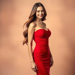 A graceful woman with long, flowing hair wearing a stunning red dress