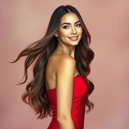 A graceful woman with long, flowing hair wearing a stunning red dress