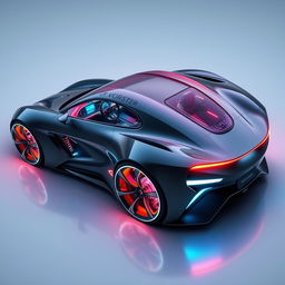 A sleek, futuristic car embodying cutting-edge technology and bold aesthetics, featuring an aerodynamic body with sharp contours and dynamic glowing LED accents that change colors based on mood or speed