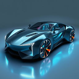 A sleek, futuristic car embodying cutting-edge technology and bold aesthetics, featuring an aerodynamic body with sharp contours and dynamic glowing LED accents that change colors based on mood or speed