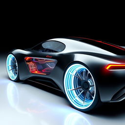 A sleek, futuristic car embodying cutting-edge technology and bold aesthetics, featuring an aerodynamic body with sharp contours and dynamic glowing LED accents that change colors based on mood or speed