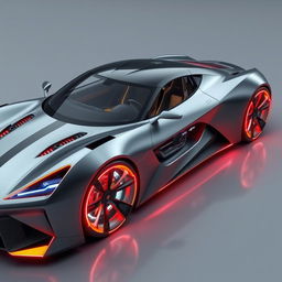 A sleek, futuristic car embodying cutting-edge technology and bold aesthetics, featuring an aerodynamic body with sharp contours and dynamic glowing LED accents that change colors based on mood or speed