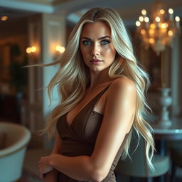 A beautiful and sensual blonde woman, exuding confidence and allure, with flowing long hair, captivating blue eyes, wearing a stylish, form-fitting dress that accentuates her figure