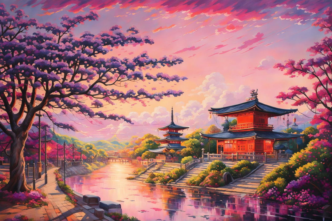 An ultra-detailed, high-definition impressionistic painting of Arakurayama Sengen Park at sunset, featuring a brilliant sky, a blooming Jacaranda tree, and a view of Mount Fuji