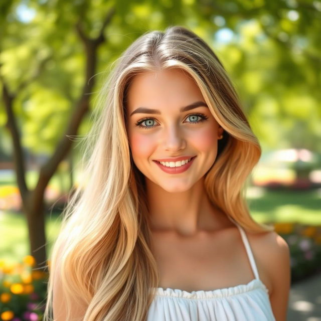 A beautiful young woman with long, flowing blonde hair and striking blue eyes