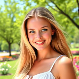 A beautiful young woman with long, flowing blonde hair and striking blue eyes