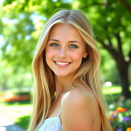 A beautiful young woman with long, flowing blonde hair and striking blue eyes