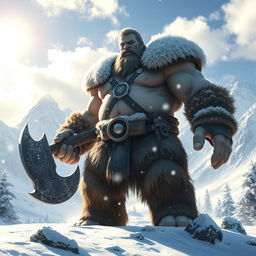 A towering giant with an impressive physique, holding a massive axe, stands majestically in a snowy landscape