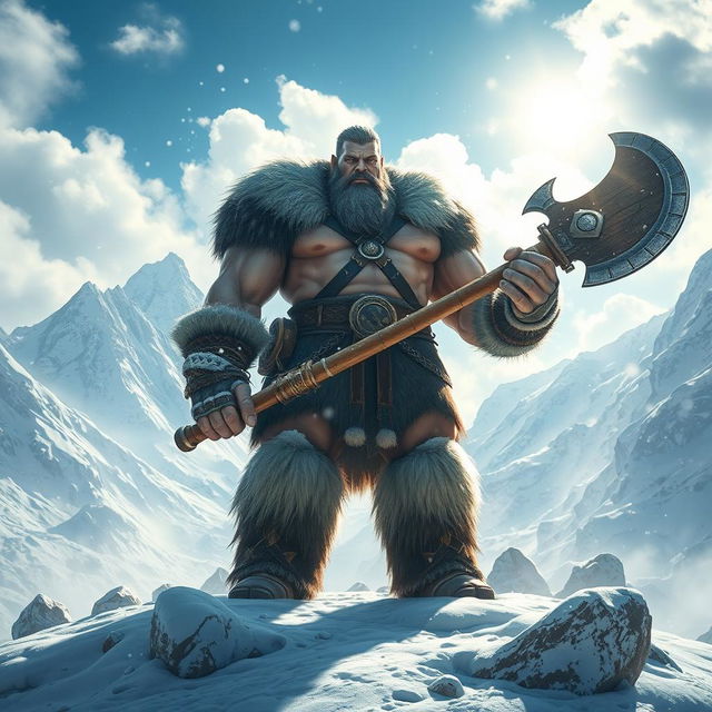 A towering giant with an impressive physique, holding a massive axe, stands majestically in a snowy landscape