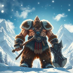A towering giant with an impressive physique, holding a massive axe, stands majestically in a snowy landscape