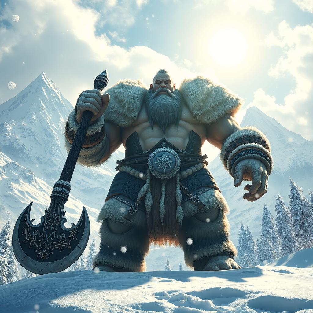 A towering giant with an impressive physique, holding a massive axe, stands majestically in a snowy landscape