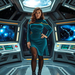 A voluptuous woman wearing a teal Star Trek-inspired tunic with a skirt, accompanied by black tights and stylish black boots, features a black collar