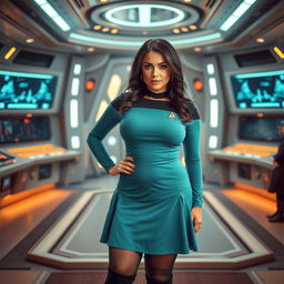 A voluptuous woman wearing a vibrant teal Star Trek tunic that features a flattering skirt design, complemented by sleek black tights and stylish black boots