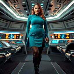 A voluptuous woman wearing a vibrant teal Star Trek tunic that features a flattering skirt design, complemented by sleek black tights and stylish black boots