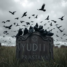 An old tombstone under a cloudy sky, covered with a flock of crows