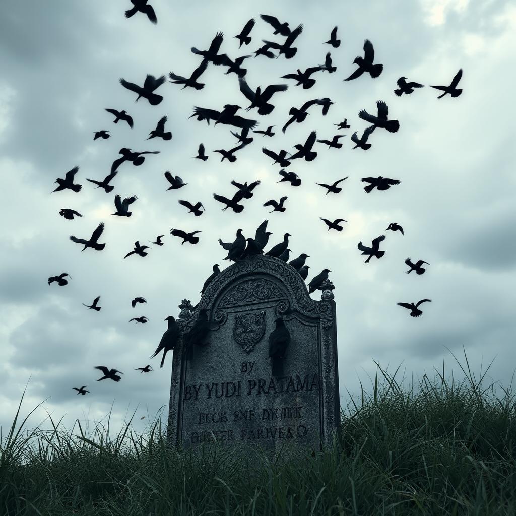 An old tombstone under a cloudy sky, covered with a flock of crows