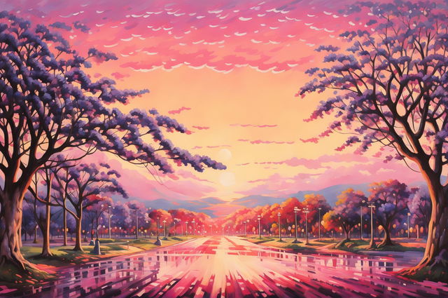 An ultra-detailed, HD impressionistic painting of Arakurayama Sengen Park at sunset in wide angle