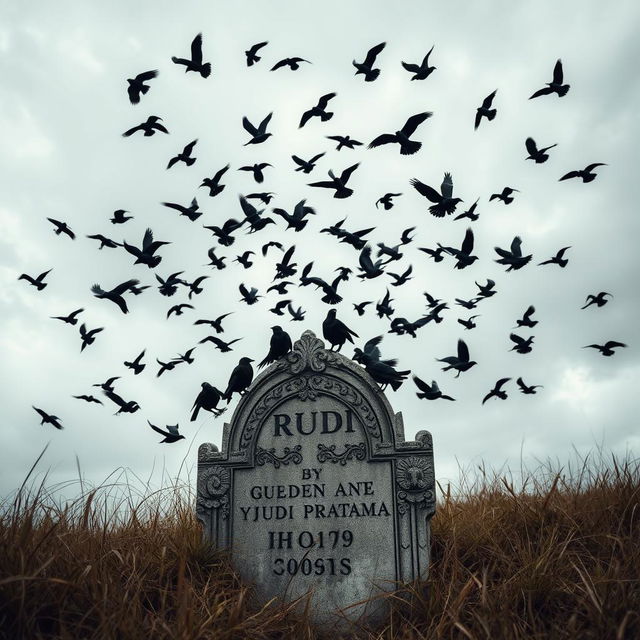 An old tombstone under a cloudy sky, covered with a flock of crows