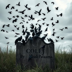 An old tombstone under a cloudy sky, covered with a flock of crows