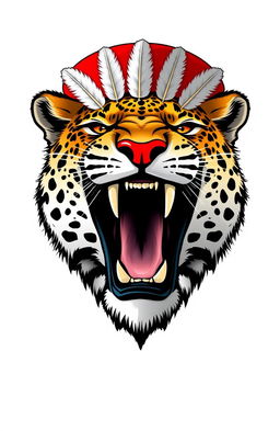 A majestic head of a roaring leopard, fierce and powerful, adorned with a bright red cap