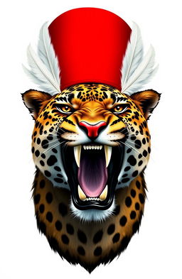 A majestic head of a roaring leopard, fierce and powerful, adorned with a bright red cap