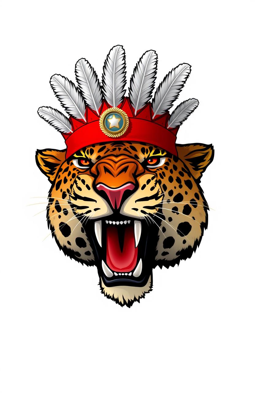 A majestic head of a roaring leopard, fierce and powerful, adorned with a bright red cap