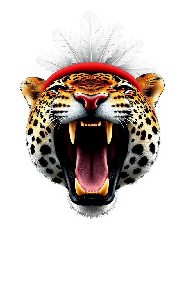 A majestic head of a roaring leopard, fierce and powerful, adorned with a bright red cap