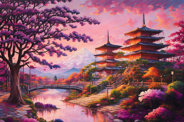 An ultra-detailed, high-definition impressionistic painting of Arakurayama Sengen Park at sunset, featuring a brilliant sky, a blooming Jacaranda tree, and a fog-shrouded view of Mount Fuji