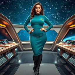 A voluptuous woman wearing a classic teal Star Trek uniform skirt, paired with black tights and stylish black boots