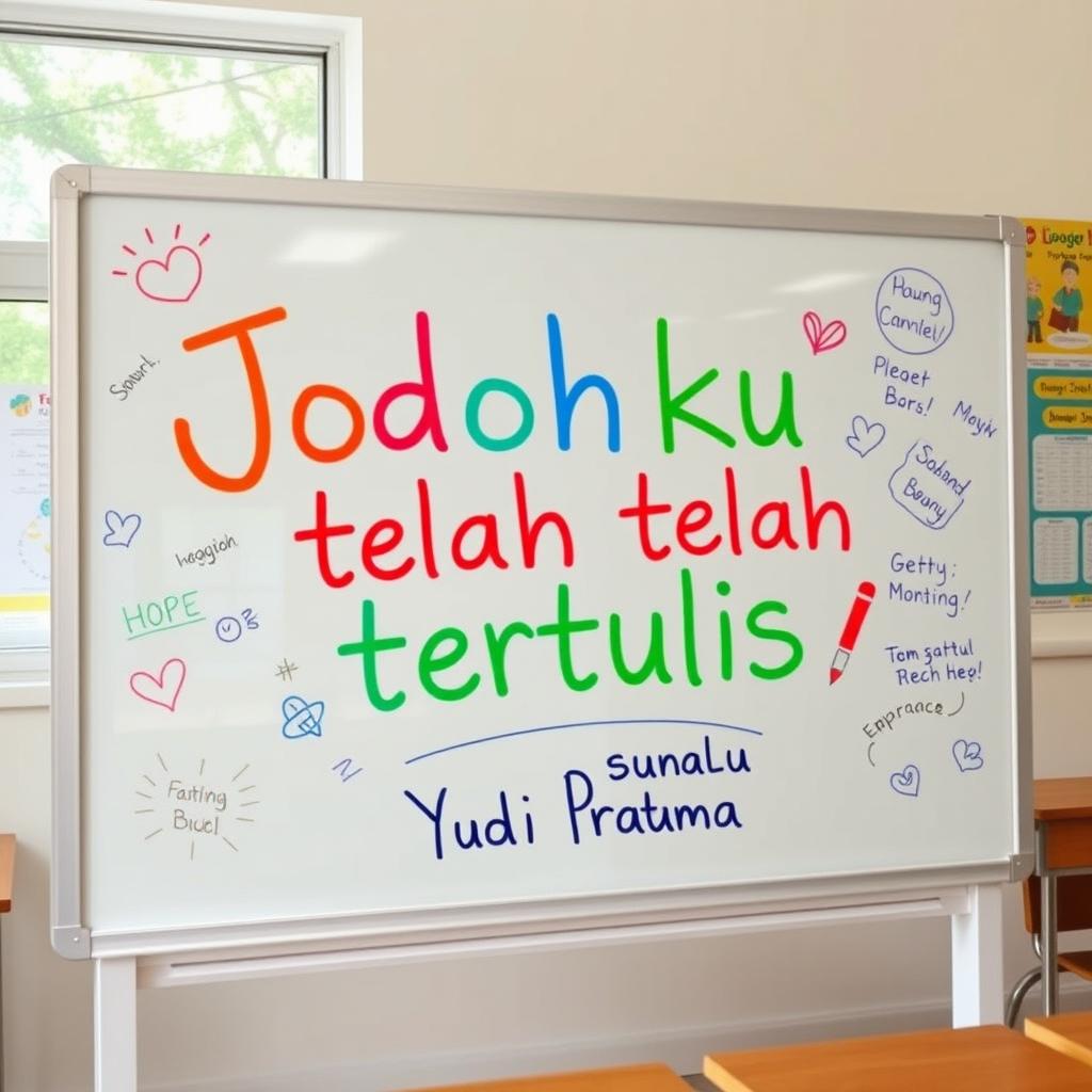 A school whiteboard filled with colorful writings, prominently featuring the phrase 'Jodohku telah tertulis' in bold, artistic letters