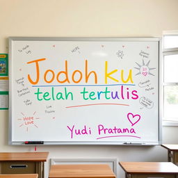 A school whiteboard filled with colorful writings, prominently featuring the phrase 'Jodohku telah tertulis' in bold, artistic letters