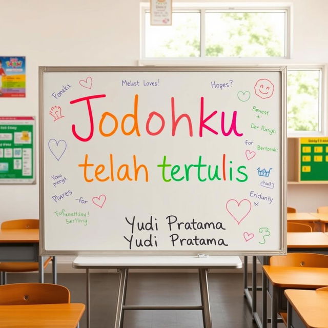 A school whiteboard filled with colorful writings, prominently featuring the phrase 'Jodohku telah tertulis' in bold, artistic letters