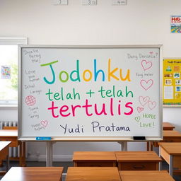 A school whiteboard filled with colorful writings, prominently featuring the phrase 'Jodohku telah tertulis' in bold, artistic letters