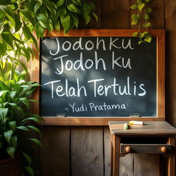 A rustic school chalkboard filled with chalk writing that says "Jodohku Telah Tertulis" by Yudi Pratama