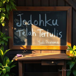 A rustic school chalkboard filled with chalk writing that says "Jodohku Telah Tertulis" by Yudi Pratama