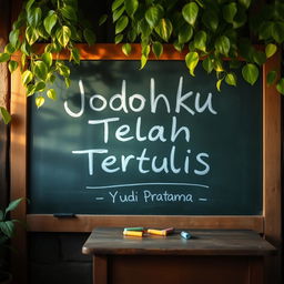 A rustic school chalkboard filled with chalk writing that says "Jodohku Telah Tertulis" by Yudi Pratama