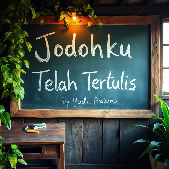 A rustic school chalkboard filled with chalk writing that says "Jodohku Telah Tertulis" by Yudi Pratama