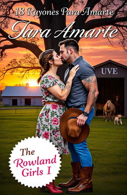 A curvy short woman with brown hair styled in two braids, wearing a floral dress and cowboy boots, is kissing a muscular man with tattoos and a short beard