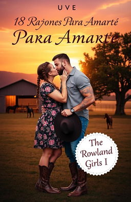 A curvy short woman with brown hair styled in two braids, wearing a floral dress and cowboy boots, is kissing a muscular man with tattoos and a short beard