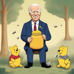 The image is a high-quality digital art piece featuring Joe Biden in the style of Winnie the Pooh