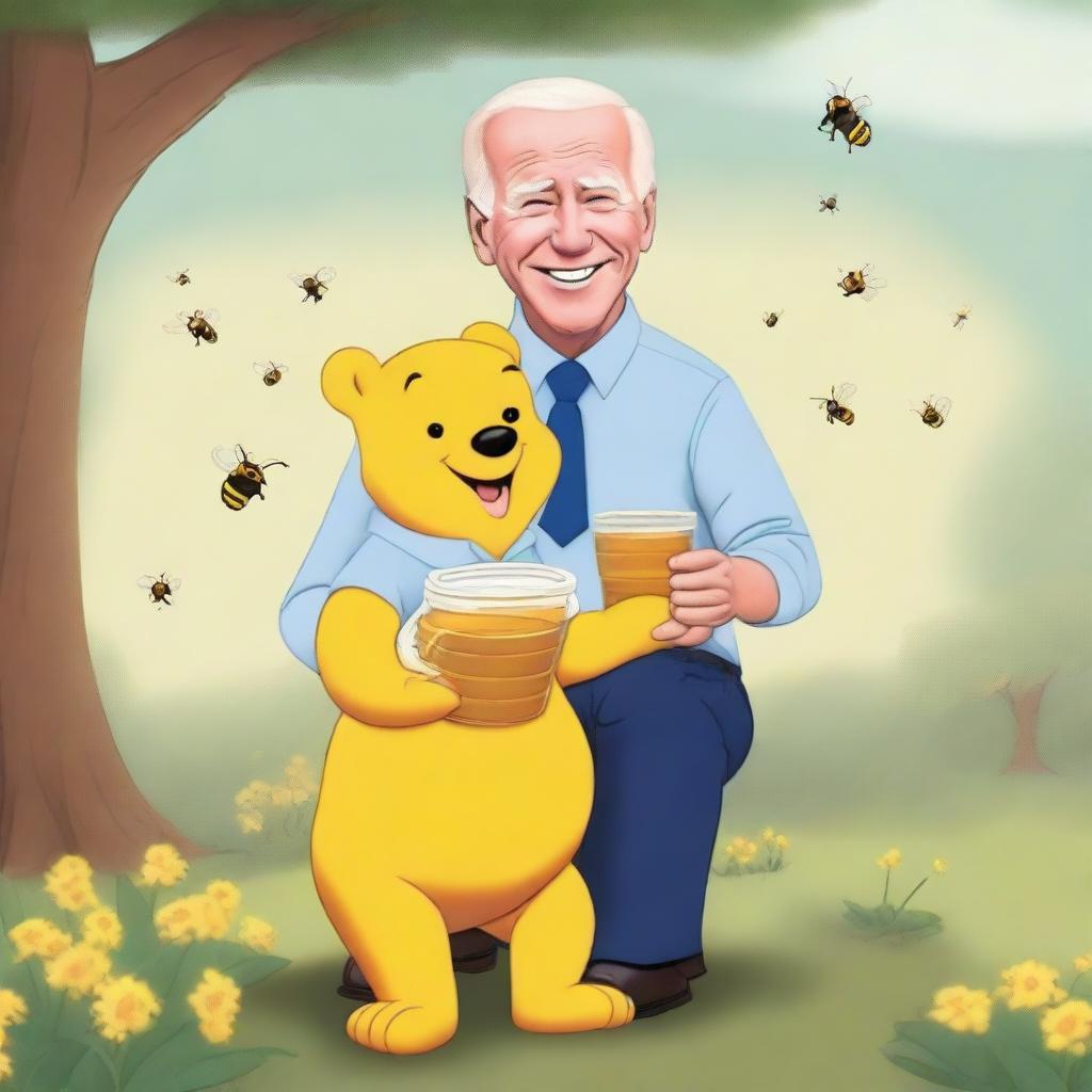 The image is a high-quality digital art piece featuring Joe Biden in the style of Winnie the Pooh