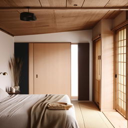 A modern organic bedroom with elements of japandi and industrial design. Balancing simplicity and comfort, featuring natural textures, minimalist shapes, warm wooden accents and metallic industrial details.